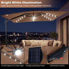 10 FT Cantilever Patio Umbrella with Solar LED Lights for Pool and Garden-Brown