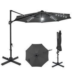 10 FT Cantilever Patio Umbrella with Solar LED Lights 360° Rotation-Gray