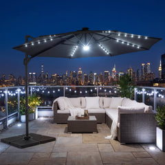 10 FT Cantilever Patio Umbrella with Solar LED Lights 360° Rotation-Gray