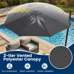 10 FT Cantilever Patio Umbrella with Solar LED Lights 360° Rotation-Gray
