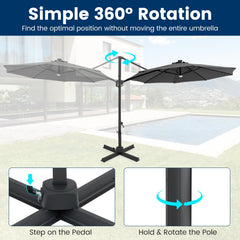 10 FT Cantilever Patio Umbrella with Solar LED Lights 360° Rotation-Gray