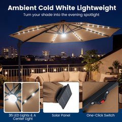 10 FT Cantilever Patio Umbrella with Solar LED Lights 360° Rotation-Brown