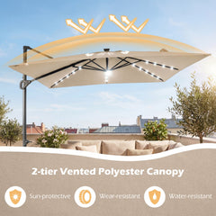 10 FT Cantilever Patio Umbrella with 32 Solar LED Lights and 220 LBS Base-Beige