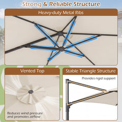 10 FT Patio Cantilever Umbrella with 360° Rotation and Air Vent for Backyard and Poolside-Beige