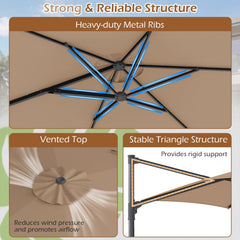 10 FT Patio Cantilever Umbrella with 360° Rotation and Air Vent for Backyard and Poolside-Tan