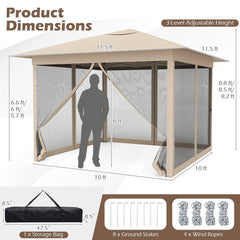 11.5 x 11.5 FT Pop-up Canopy Instant One-Person Setup with Mesh Screen Netting-Beige