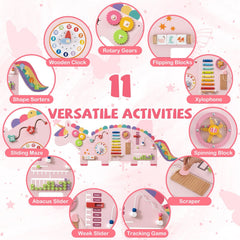 11-in-1 Dinosaur Activity Wall Busy Board Panels for Toddlers Education and Early Development-Pink