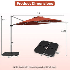 11 Feet Patio Offset Cantilever Umbrella 360° Rotation Aluminum Tilt-Brick Red