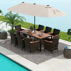 11 Piece Patio Dining Set with 15 FT Double-Sided Beige Umbrella and Base, 75 Inch Acacia Table and 8 Brown Rattan Armchairs