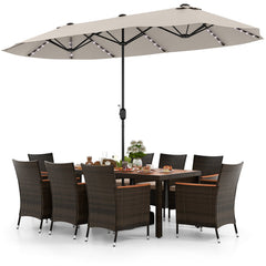 11 Piece Patio Dining Set with 15 FT Double-Sided Beige Umbrella and Base, 75 Inch Acacia Table and 8 Brown Rattan Armchairs