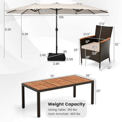 11 Piece Patio Dining Set with 15 FT Double-Sided Beige Umbrella and Base, 75 Inch Acacia Table and 8 Brown Rattan Armchairs
