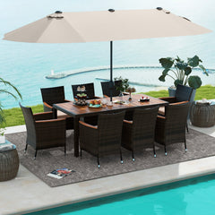11 Piece Patio Dining Set with 15 FT Double-Sided Beige Umbrella and Base, 75 Inch Acacia Table and 8 Brown Rattan Armchairs