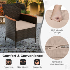 11 Piece Patio Dining Set with 15 FT Double-Sided Beige Umbrella and Base, 75 Inch Acacia Table and 8 Brown Rattan Armchairs