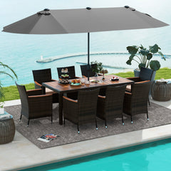 11 Piece Patio Dining Set with 15 FT Double-Sided Grey Umbrella and Base, 71 Inch Acacia Topped Table and 8 Rattan Armchairs
