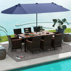 11 Piece Patio Dining Set with Lit 15 FT Double-Sided Navy Umbrella and Base, 75 Inch Acacia Table and 8 Rattan Armchairs