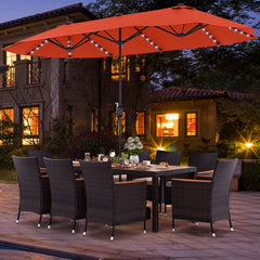 11 Piece Patio Dining Set with 15 FT Double-Sided Orange Umbrella and Base, 75 Inch Acacia Table and 8 Rattan Armchairs