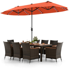 11 Piece Patio Dining Set with 15 FT Double-Sided Orange Umbrella and Base, 75 Inch Acacia Table and 8 Rattan Armchairs