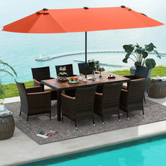 11 Piece Patio Dining Set with 15 FT Double-Sided Orange Umbrella and Base, 75 Inch Acacia Table and 8 Rattan Armchairs