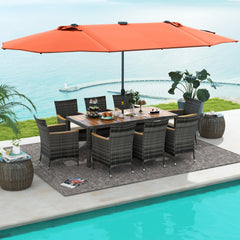 11 Piece Patio Dining Set with Lit 15 FT Double-Sided Orange Umbrella and Base, 75 Inch Acacia Table and 8 Grey Wicker Armchairs