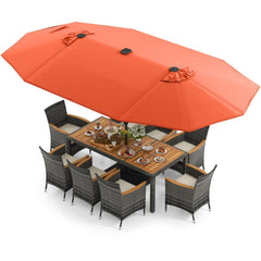 11 Piece Patio Dining Set with Lit 15 FT Double-Sided Orange Umbrella and Base, 75 Inch Acacia Table and 8 Grey Wicker Armchairs
