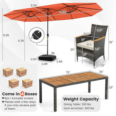 11 Piece Patio Dining Set with Lit 15 FT Double-Sided Orange Umbrella and Base, 75 Inch Acacia Table and 8 Grey Wicker Armchairs