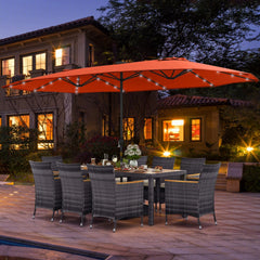 11 Piece Patio Dining Set with Lit 15 FT Double-Sided Orange Umbrella and Base, 75 Inch Acacia Table and 8 Grey Wicker Armchairs