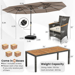 11 Piece Patio Dining Set with Lit 15 FT Double-Sided Tan Umbrella and Weighted Base, 75 Inch Acacia Table and 8 Armchairs