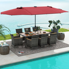 11 Piece Patio Dining Set for 8 with Lit 15 FT Double-Sided Wine Umbrella, 75 Inch Acacia Table and 8 Grey Wicker Armchairs