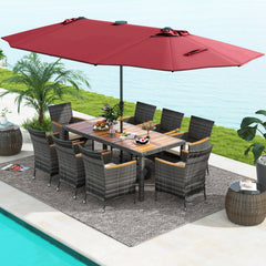 11 Piece Patio Dining Set for 8 with Lit 15 FT Double-Sided Wine Umbrella, 75 Inch Acacia Table and 8 Grey Wicker Armchairs