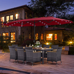 11 Piece Patio Dining Set for 8 with Lit 15 FT Double-Sided Wine Umbrella, 75 Inch Acacia Table and 8 Grey Wicker Armchairs