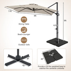 11 x 9 FT Aluminum Pole Outdoor Offset Hanging Umbrella with 220 LBS Base-Beige