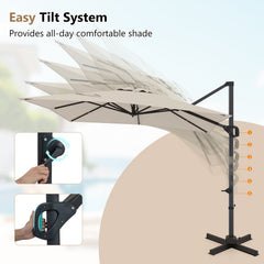 11 x 9 FT Aluminum Pole Outdoor Offset Hanging Umbrella with 220 LBS Base-Beige