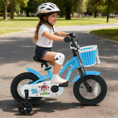 12 Inch Kids Bike with Training Wheels and Woven Basket, Blue