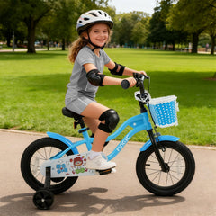 14 Inch Kids Bike with Training Wheels and Woven Basket, Blue
