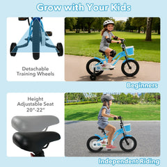 14 Inch Kids Bike with Training Wheels and Woven Basket, Blue