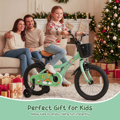18 Inch Girls Bike with Basket, Kickstand and Training Wheels, Green