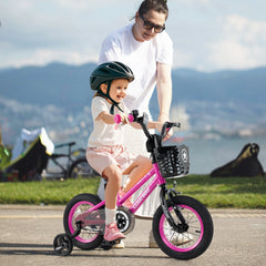 12 Inch Kids Bike with Front Basket and Training Wheels, Pink