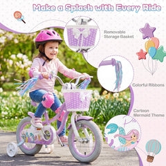 12 Inch Girls Bike with Basket, Ribbons and Mudguards, Mermaid Theme, Lilac