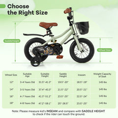 12 Inch Kids Bike with Basket, Bell and Detachable Training Wheels, Green