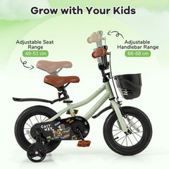 12 Inch Kids Bike with Basket, Bell and Detachable Training Wheels, Green