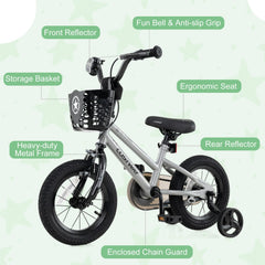 12 Inch Kids Bike with Basket, Bell and Detachable Training Wheels, Silver