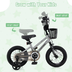12 Inch Kids Bike with Basket, Bell and Detachable Training Wheels, Silver