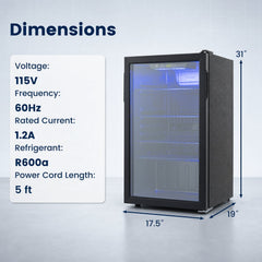 Compact Beverage Refrigerator with Glass Door and 4 Adjustable Shelves