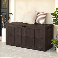 120 Gal Outdoor Deck Box with Lid and Handles for Garden Tools-Brown