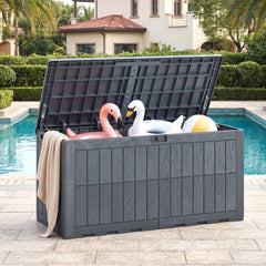 120 Gal Outdoor Deck Box with Lid and Handles for Garden Tools-Grey