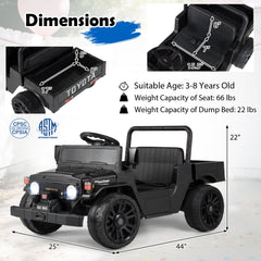 12V Licensed Toyota Kids Ride On Truck with Electric Dump Bed, 22 lb Bed Capacity, Opening Tailgate and Parent Remote, Black
