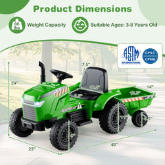 12V 2 in 1 Kids Ride On Tractor with Tipping Trailer, 2 x 25W Motors, Remote Brake and Safety Belt, 66 lb Limit, Green