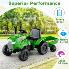 12V 2 in 1 Kids Ride On Tractor with Tipping Trailer, 2 x 25W Motors, Remote Brake and Safety Belt, 66 lb Limit, Green