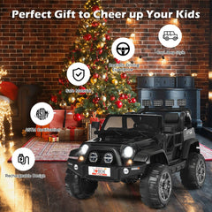12V 2 Seater Kids Ride On Truck with Roof Light Bar, Parental Remote, Rear Suspension and Storage, 110 lb Capacity, Black