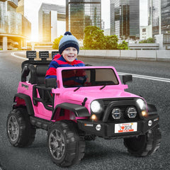 12V 2 Seater Kids Ride On Truck with Lockable Doors, Handrail, 19 Inch Bench Seat and Parental Remote, 110 lb Capacity, Pink